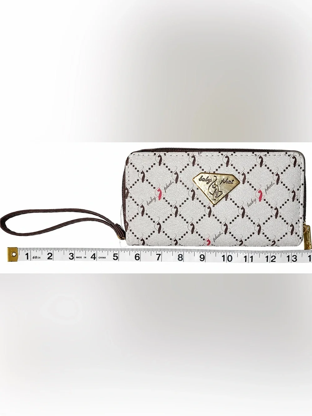 Baby Phat Y2K Monogram Cat Logo Zip Around Wristlet Wallet Clutch Brown Tan